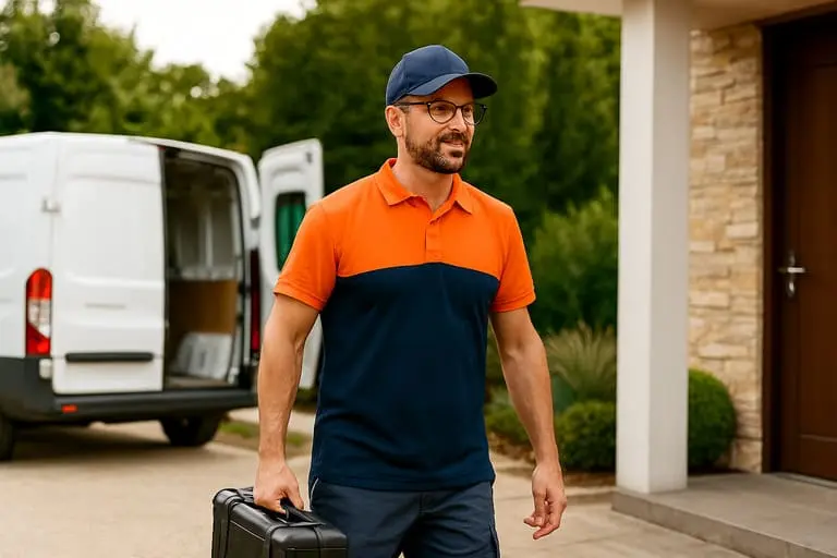 Artisan RenovHouse en tenue pro qui va intervenir sur une maison